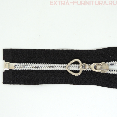 Молния спираль декор Т5 55см цв.черный/серебро (сердце)